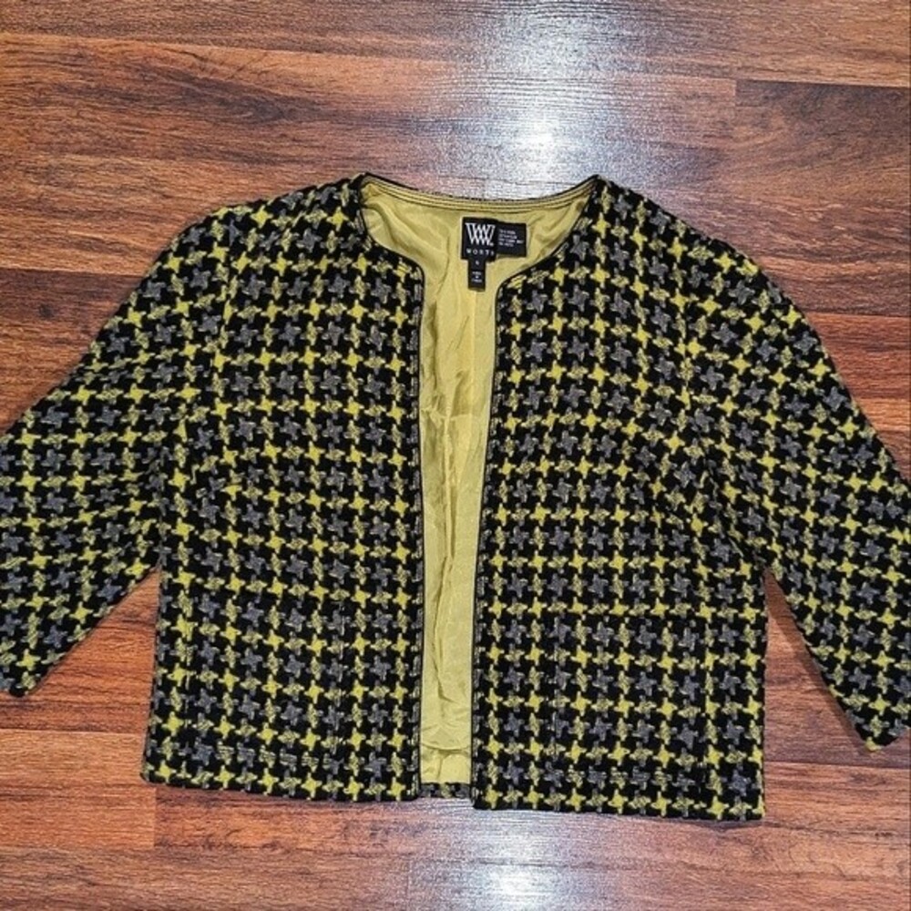 WORTH Classic Tweed Houndstooth Blazer Wool Blend Jacket with pockets